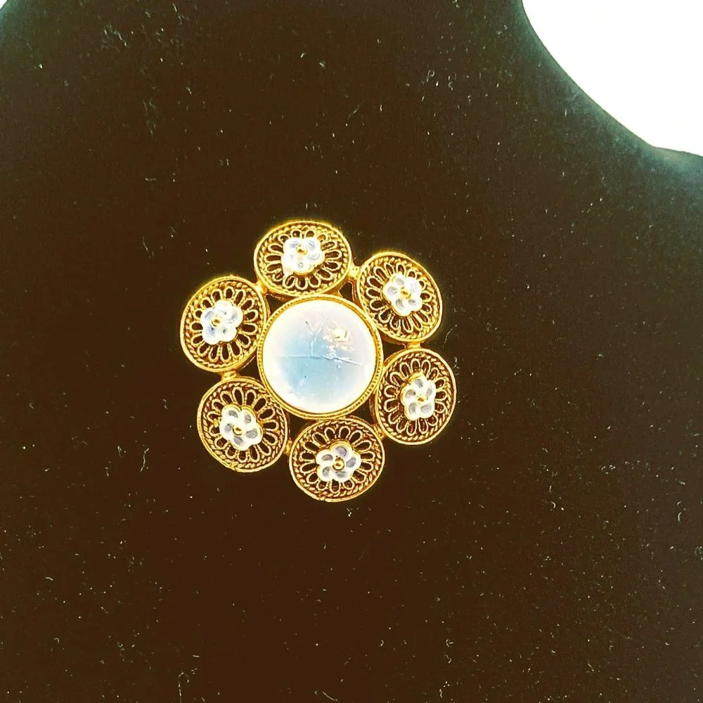 Vintage Gold Filigree Flower Brooch. Blue Celluloid Center Tiny Blue Flower